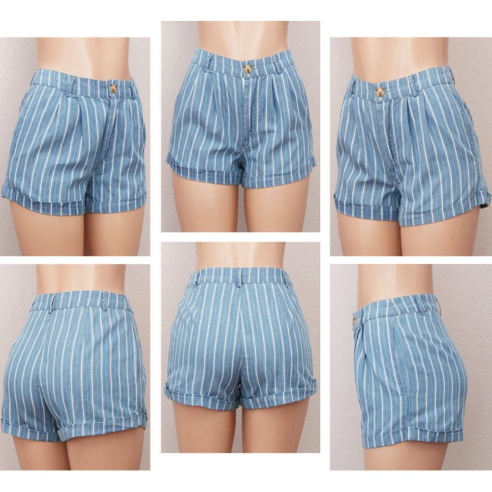 Denim Blue Striped 100% Cotton High Waist Shorts - Picture 9 of 10